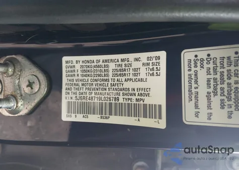 2009 Honda Cr-V Ex-L z USA, uszkodzony, nr VIN 5J6RE48719L026789